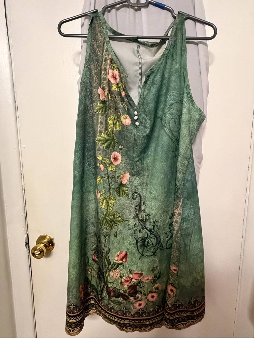 Green Floral Midi Dress with V-Neck and Button Detail